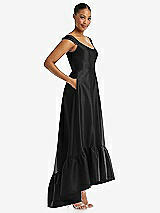 Side View Thumbnail - Black Cap Sleeve Deep Ruffle Hem Satin High Low Dress with Pockets