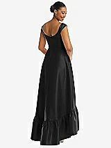 Rear View Thumbnail - Black Cap Sleeve Deep Ruffle Hem Satin High Low Dress with Pockets