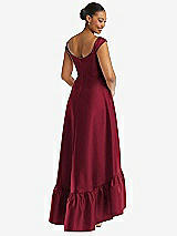 Rear View Thumbnail - Burgundy Cap Sleeve Deep Ruffle Hem Satin High Low Dress with Pockets