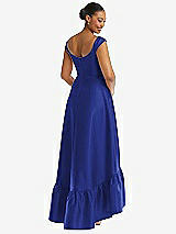 Rear View Thumbnail - Cobalt Blue Cap Sleeve Deep Ruffle Hem Satin High Low Dress with Pockets