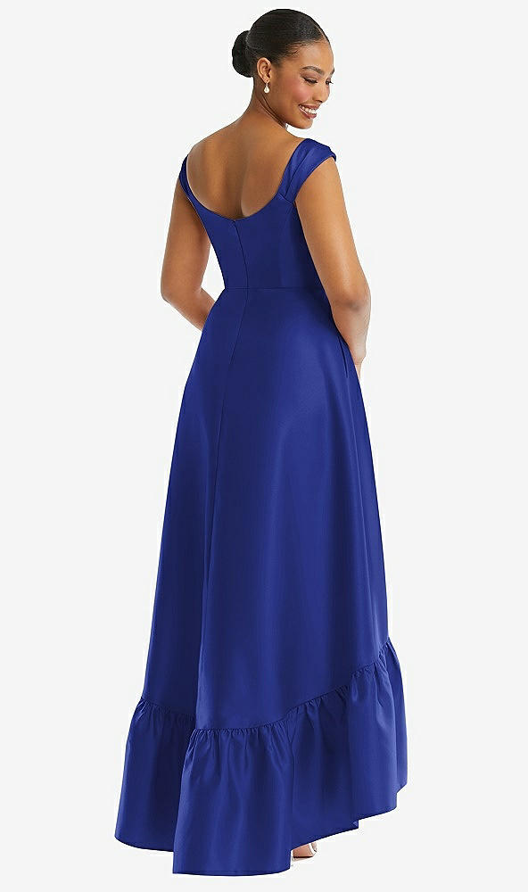 Back View - Cobalt Blue Cap Sleeve Deep Ruffle Hem Satin High Low Dress with Pockets