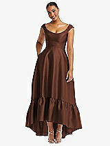 Front View Thumbnail - Cognac Cap Sleeve Deep Ruffle Hem Satin High Low Dress with Pockets