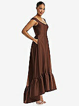 Side View Thumbnail - Cognac Cap Sleeve Deep Ruffle Hem Satin High Low Dress with Pockets