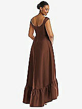 Rear View Thumbnail - Cognac Cap Sleeve Deep Ruffle Hem Satin High Low Dress with Pockets