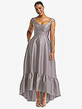 Front View Thumbnail - Cashmere Gray Cap Sleeve Deep Ruffle Hem Satin High Low Dress with Pockets