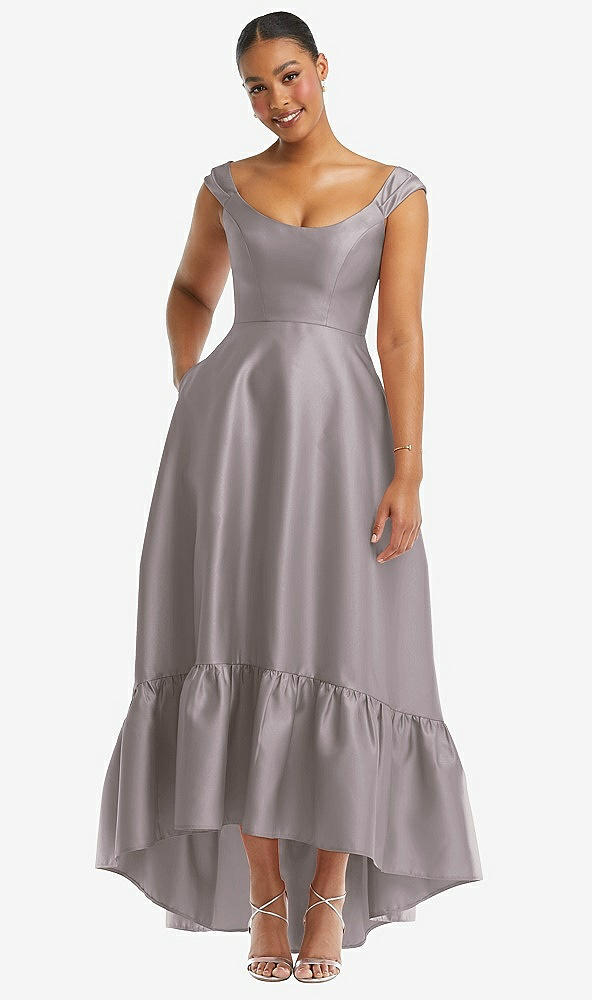 Front View - Cashmere Gray Cap Sleeve Deep Ruffle Hem Satin High Low Dress with Pockets