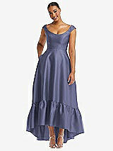 Front View Thumbnail - French Blue Cap Sleeve Deep Ruffle Hem Satin High Low Dress with Pockets
