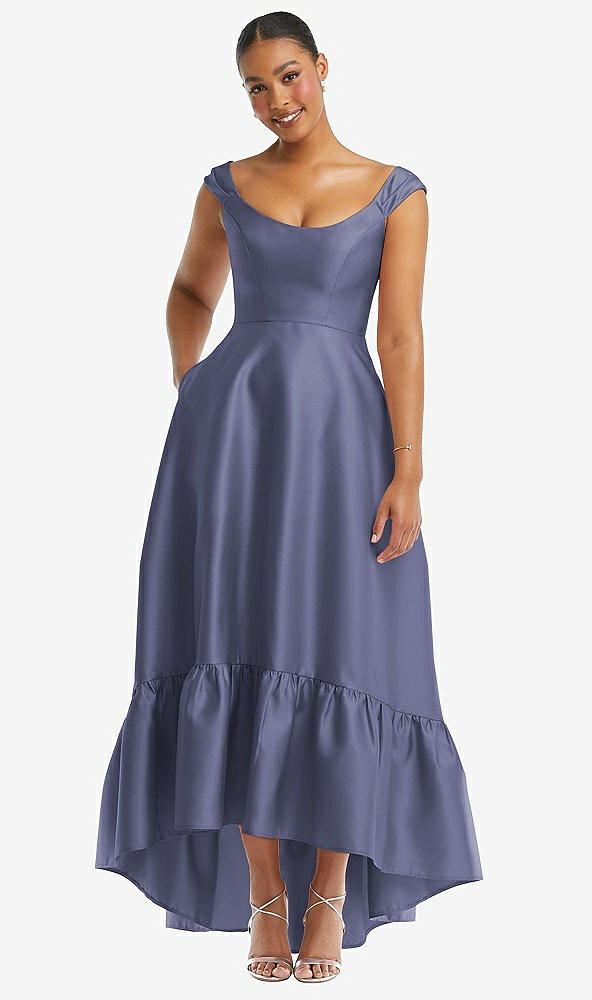 Front View - French Blue Cap Sleeve Deep Ruffle Hem Satin High Low Dress with Pockets