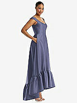 Side View Thumbnail - French Blue Cap Sleeve Deep Ruffle Hem Satin High Low Dress with Pockets