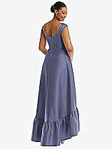 Rear View Thumbnail - French Blue Cap Sleeve Deep Ruffle Hem Satin High Low Dress with Pockets