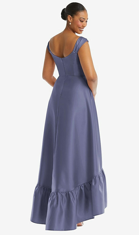 Back View - French Blue Cap Sleeve Deep Ruffle Hem Satin High Low Dress with Pockets