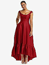 Front View Thumbnail - Garnet Cap Sleeve Deep Ruffle Hem Satin High Low Dress with Pockets