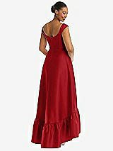 Rear View Thumbnail - Garnet Cap Sleeve Deep Ruffle Hem Satin High Low Dress with Pockets