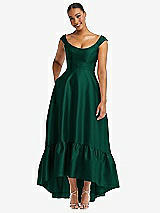 Front View Thumbnail - Hunter Green Cap Sleeve Deep Ruffle Hem Satin High Low Dress with Pockets