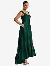 Side View Thumbnail - Hunter Green Cap Sleeve Deep Ruffle Hem Satin High Low Dress with Pockets
