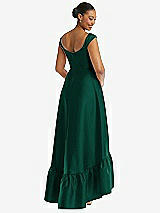Rear View Thumbnail - Hunter Green Cap Sleeve Deep Ruffle Hem Satin High Low Dress with Pockets