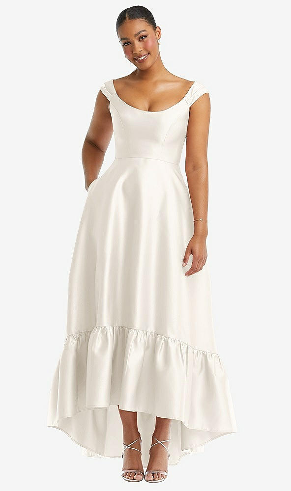 Front View - Ivory Cap Sleeve Deep Ruffle Hem Satin High Low Dress with Pockets