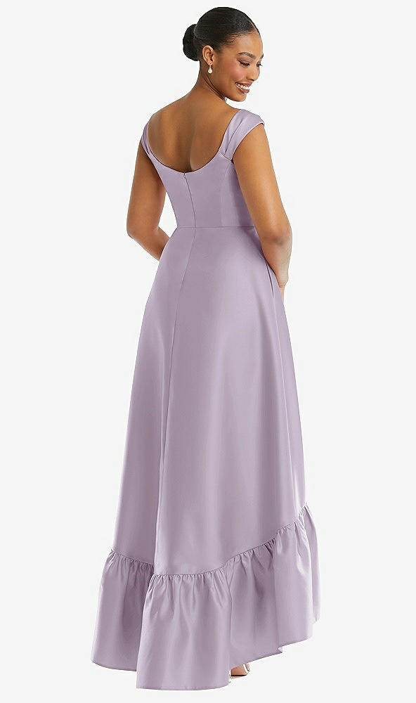 Back View - Lilac Haze Cap Sleeve Deep Ruffle Hem Satin High Low Dress with Pockets