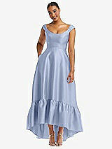 Front View Thumbnail - Sky Blue Cap Sleeve Deep Ruffle Hem Satin High Low Dress with Pockets