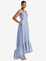 Side View Thumbnail - Sky Blue Cap Sleeve Deep Ruffle Hem Satin High Low Dress with Pockets