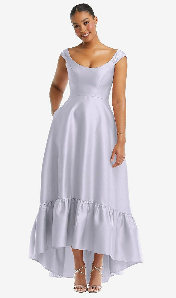 Front View - Silver Dove Cap Sleeve Deep Ruffle Hem Satin High Low Dress with Pockets