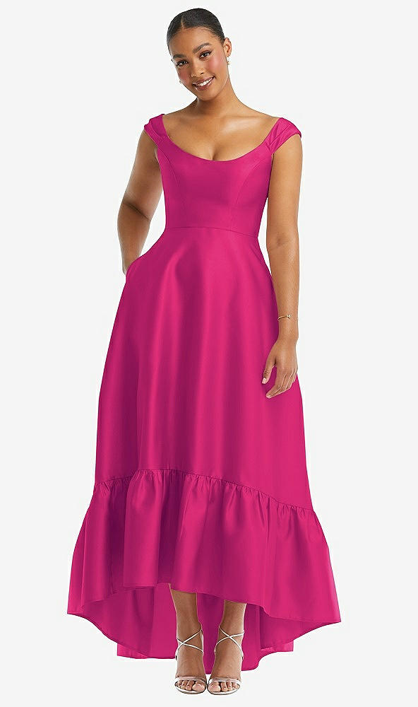 Front View - Think Pink Cap Sleeve Deep Ruffle Hem Satin High Low Dress with Pockets