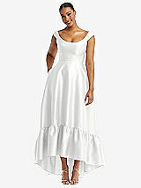 Front View Thumbnail - White Cap Sleeve Deep Ruffle Hem Satin High Low Dress with Pockets