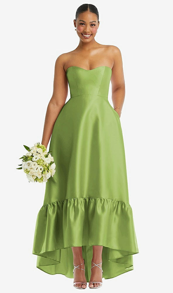Front View - Mojito Strapless Deep Ruffle Hem Satin High Low Dress with Pockets