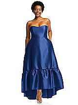 Alt View 1 Thumbnail - Classic Blue Strapless Deep Ruffle Hem Satin High Low Dress with Pockets