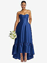 Front View Thumbnail - Classic Blue Strapless Deep Ruffle Hem Satin High Low Dress with Pockets
