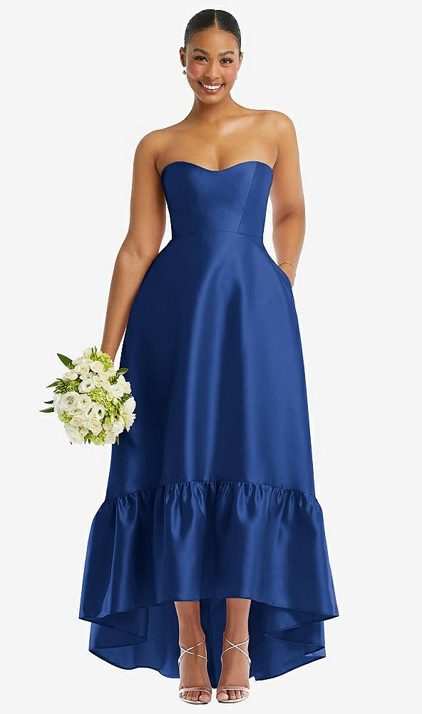 Front View - Classic Blue Strapless Deep Ruffle Hem Satin High Low Dress with Pockets