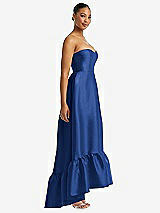 Side View Thumbnail - Classic Blue Strapless Deep Ruffle Hem Satin High Low Dress with Pockets