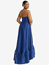 Rear View Thumbnail - Classic Blue Strapless Deep Ruffle Hem Satin High Low Dress with Pockets