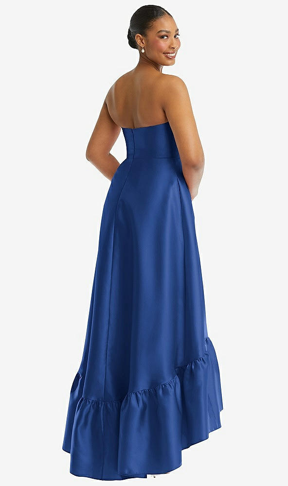 Back View - Classic Blue Strapless Deep Ruffle Hem Satin High Low Dress with Pockets