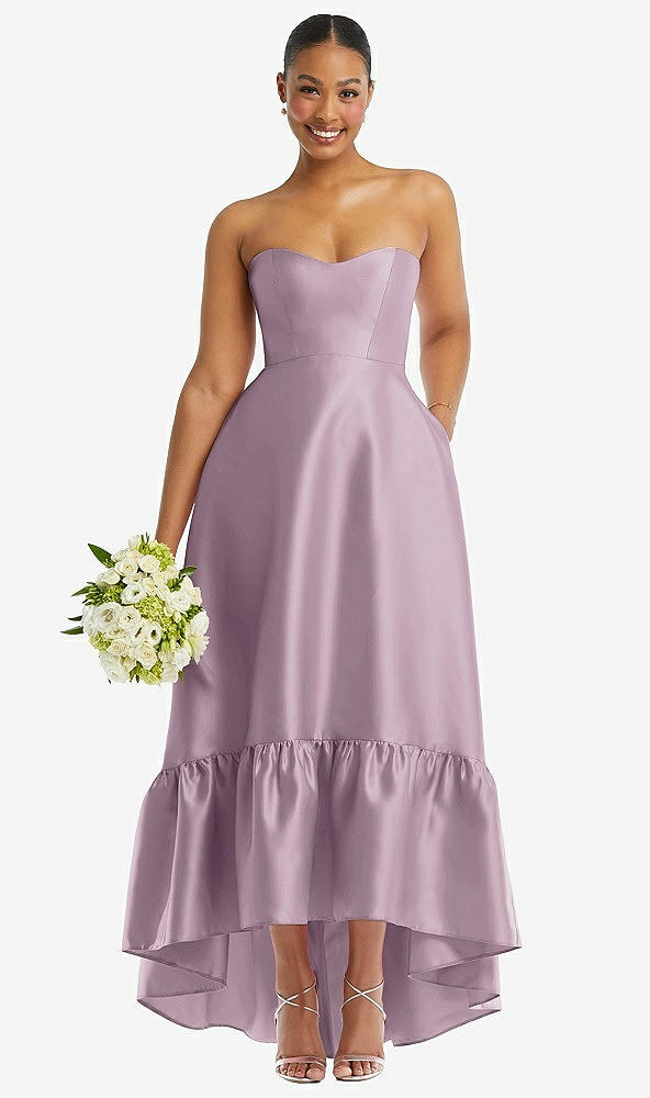 Front View - Suede Rose Strapless Deep Ruffle Hem Satin High Low Dress with Pockets