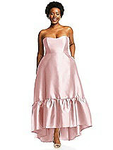 Alt View 1 Thumbnail - Ballet Pink Strapless Deep Ruffle Hem Satin High Low Dress with Pockets