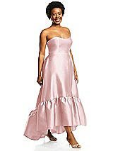 Alt View 2 Thumbnail - Ballet Pink Strapless Deep Ruffle Hem Satin High Low Dress with Pockets