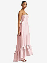 Side View Thumbnail - Ballet Pink Strapless Deep Ruffle Hem Satin High Low Dress with Pockets