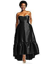 Alt View 1 Thumbnail - Black Strapless Deep Ruffle Hem Satin High Low Dress with Pockets