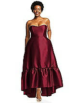 Alt View 1 Thumbnail - Burgundy Strapless Deep Ruffle Hem Satin High Low Dress with Pockets