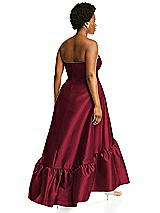 Alt View 3 Thumbnail - Burgundy Strapless Deep Ruffle Hem Satin High Low Dress with Pockets