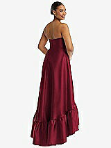 Rear View Thumbnail - Burgundy Strapless Deep Ruffle Hem Satin High Low Dress with Pockets