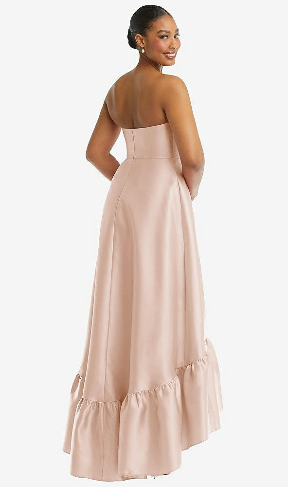 Back View - Cameo Strapless Deep Ruffle Hem Satin High Low Dress with Pockets