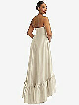 Rear View Thumbnail - Champagne Strapless Deep Ruffle Hem Satin High Low Dress with Pockets