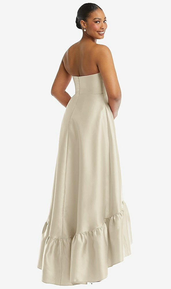 Back View - Champagne Strapless Deep Ruffle Hem Satin High Low Dress with Pockets