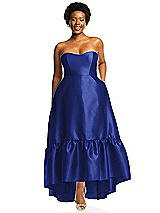 Alt View 1 Thumbnail - Cobalt Blue Strapless Deep Ruffle Hem Satin High Low Dress with Pockets
