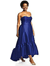 Alt View 2 Thumbnail - Cobalt Blue Strapless Deep Ruffle Hem Satin High Low Dress with Pockets