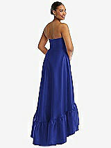 Rear View Thumbnail - Cobalt Blue Strapless Deep Ruffle Hem Satin High Low Dress with Pockets