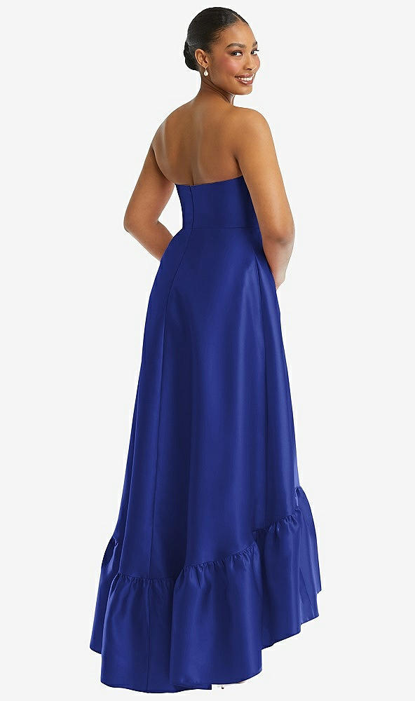 Back View - Cobalt Blue Strapless Deep Ruffle Hem Satin High Low Dress with Pockets