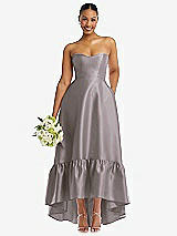 Front View Thumbnail - Cashmere Gray Strapless Deep Ruffle Hem Satin High Low Dress with Pockets
